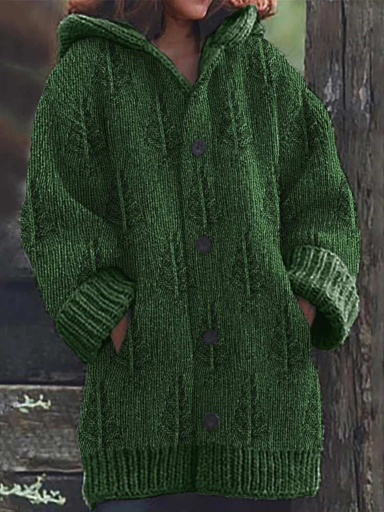 VChics Forest Christmas Trees Jacquard Cozy Knit Hooded Cardigan