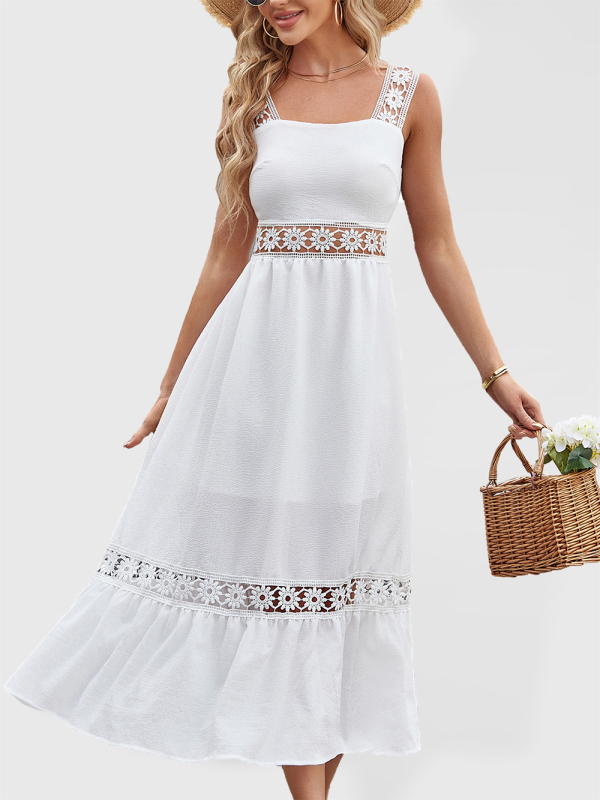 Mature Women Summer New Solid Color Hollow Lace Stitching Square Collar Sleeveless Suspender Dress