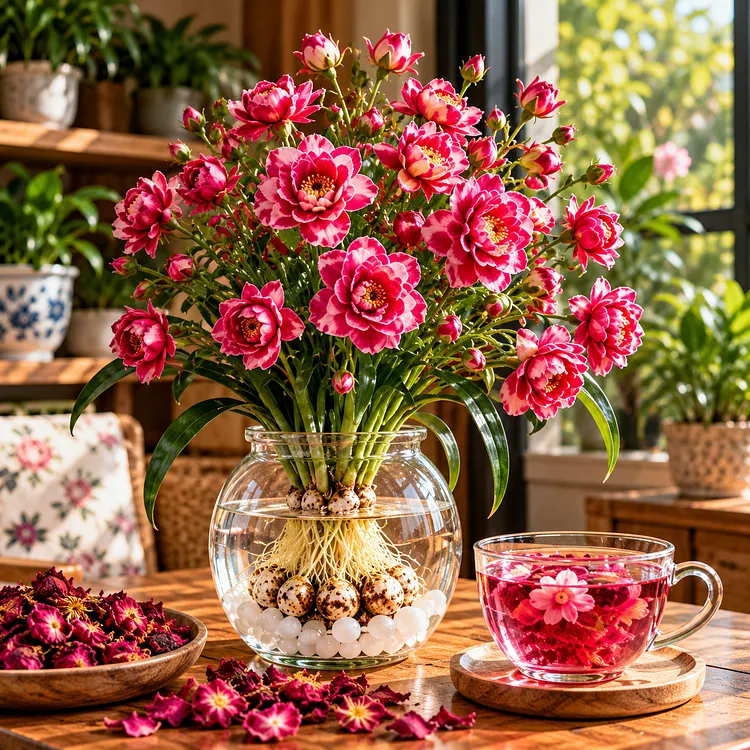 Double Tea Flower blooming display