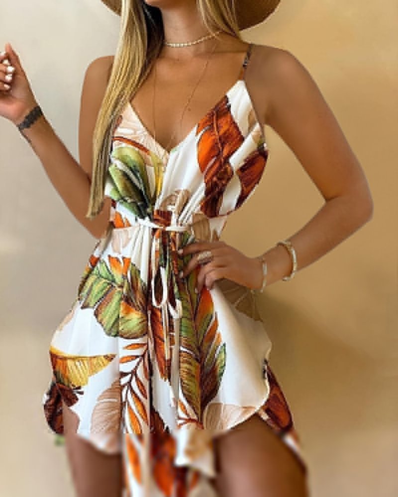 New Summer Women Floral Print V-Neck Tie Front Sleeveless Cami Sundresses Fairy Sexy Party Wear A Line Mini Strappy Dress Female