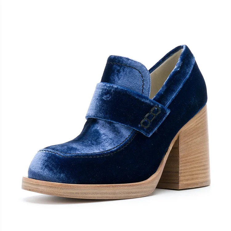 Navy Round Toe Block Heels Velvet Heeled Loafers for Women |FSJ Shoes