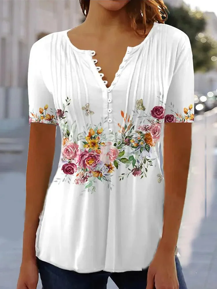 Women's V Neck Short Sleeve Floral Printed Causal Top