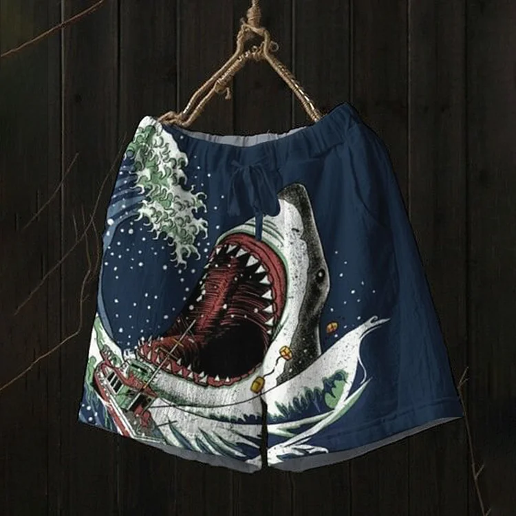 Retro Japanese Art Shark Sea Wave Art Graphic Printed Casual Shorts