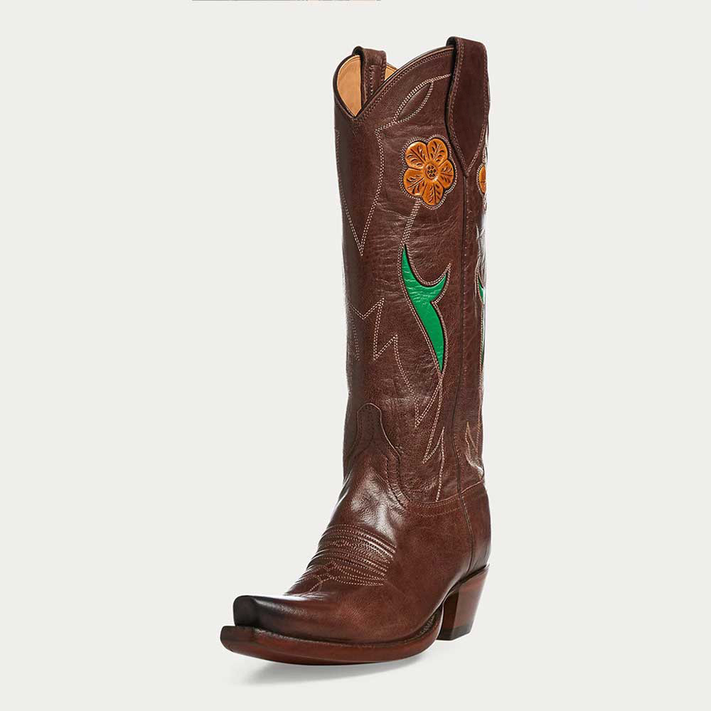 Brown Flower Inlay Snip Toe Chunky Heel Mid-Calf Cowgirl Boots Nicepairs