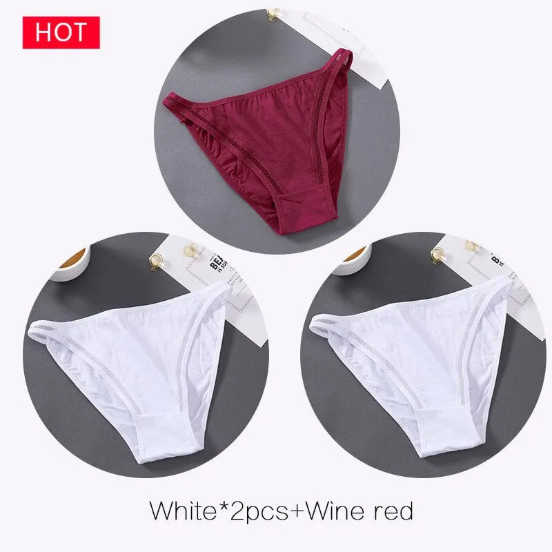 FINETOO M-2XL Bow Cotton Panties 3Pcs/set Women Briefs Girls Plus Size Underpants Low-rise Hollow Underwear Female Lingerie 2021