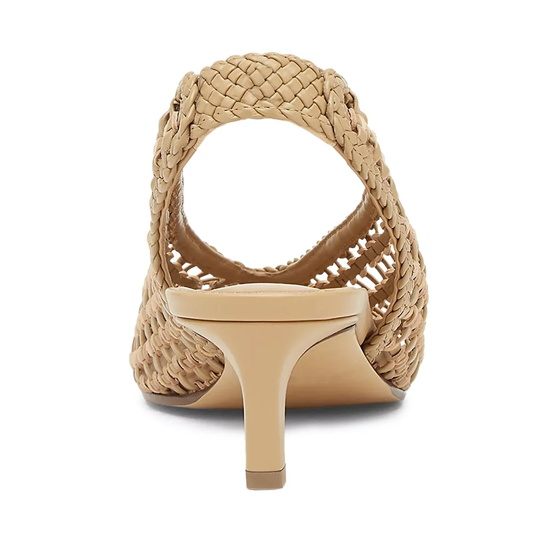 Stylish Beige Faux Leather Square Toe Cut Out Woven Slingback Pumps