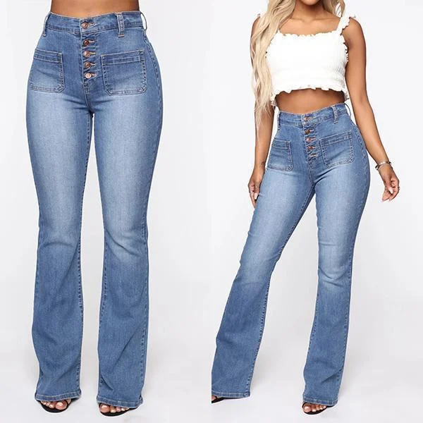 High Waist Button Bootcut Jeans