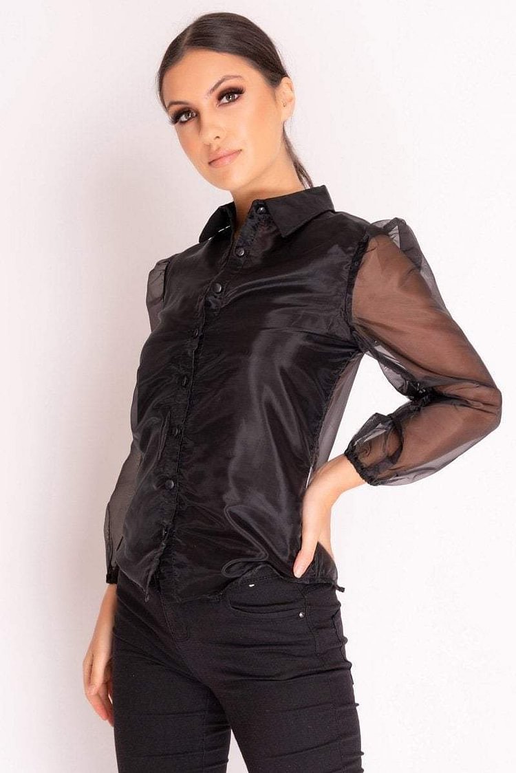 Black Mesh Puff Sleeve Shirt Katch Me
