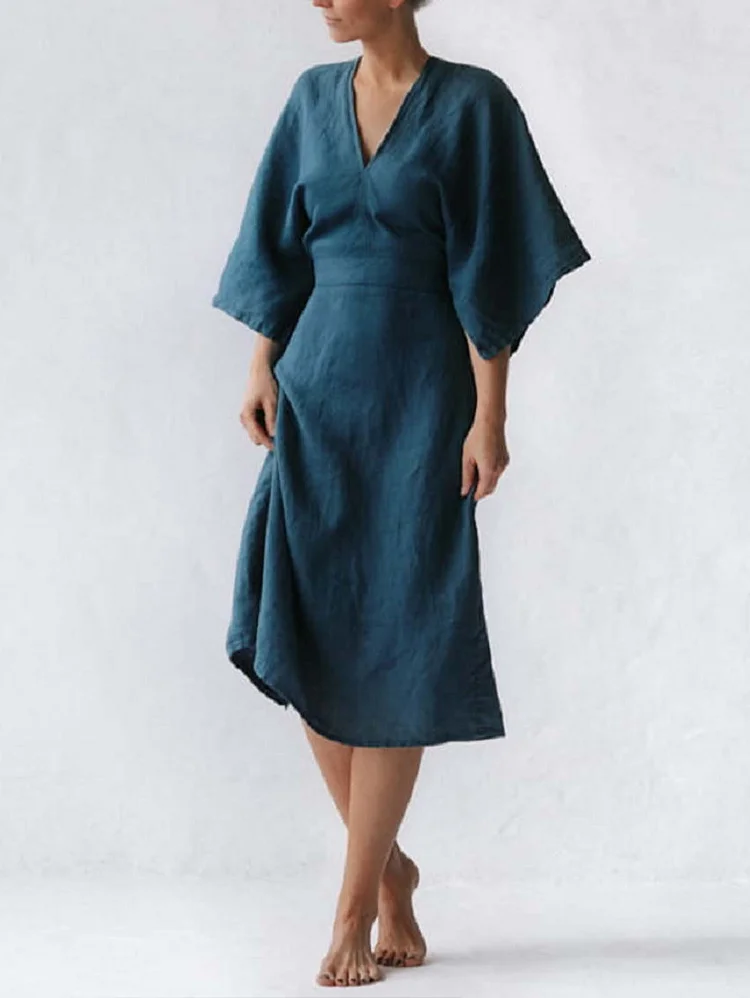 Elegant Ink Blue Linen Dress socialshop