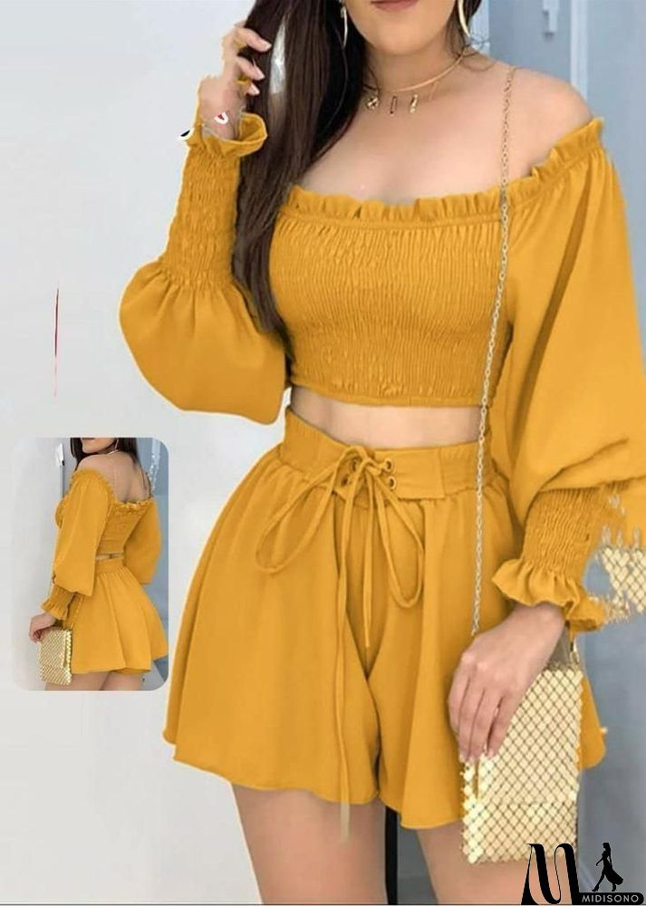 MidiSono - Women Fashion Sexy Off Shoulder Long Sleeve Top Shorts Two-Piece Set