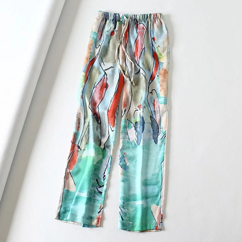 New Design Abstract Ink Printed Straight Women Pants Summer Fashion High Waist Wide Leg Loose Spring Casual Trousers For Female