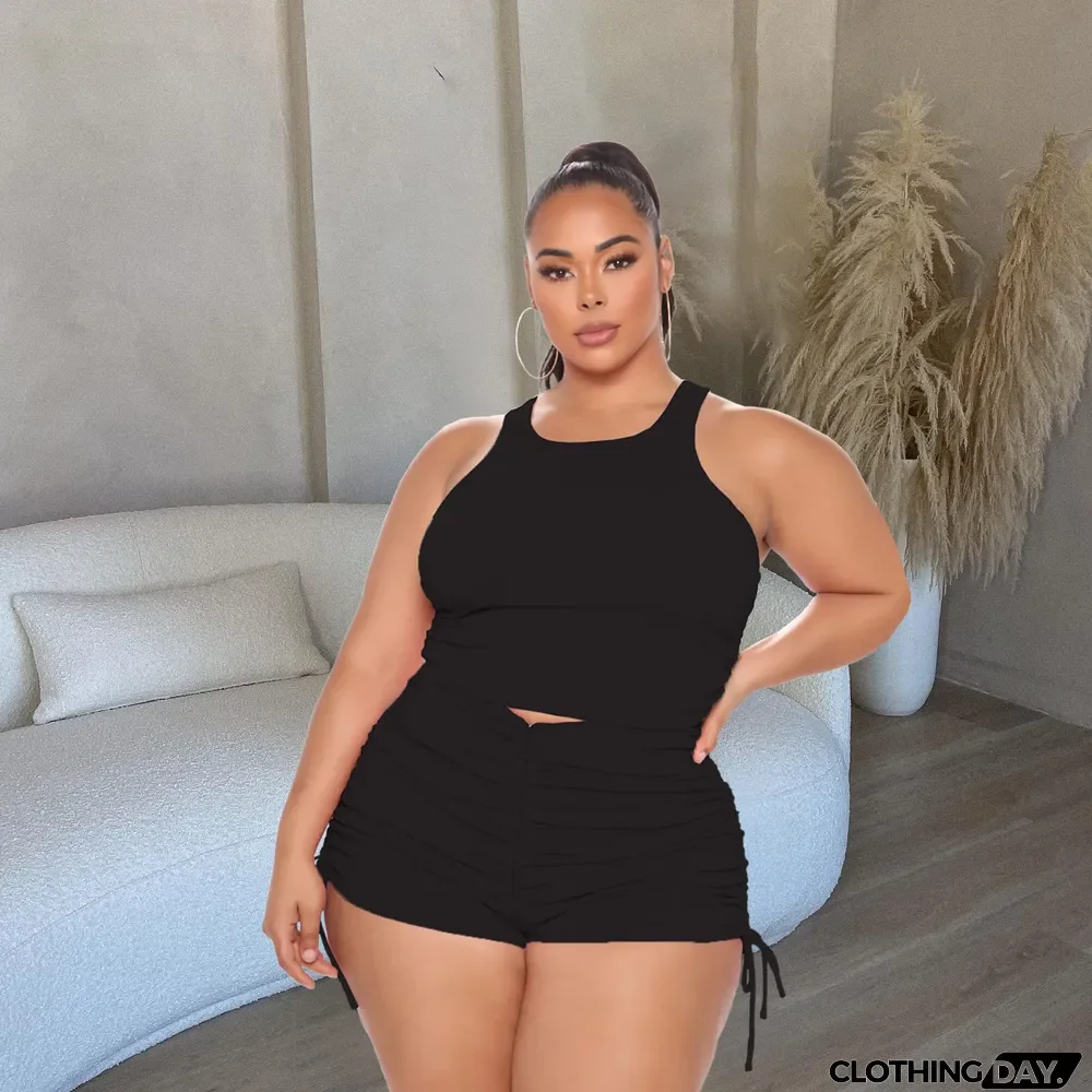 Plus Size Women's Tank Top Pleated Casual Shorts Two Piece Set