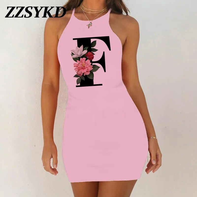 26 English Alphabet Print Summer Sexy Clothes Women Dresses 2020 Plus Size Dress Bodycon Evening Party O-Neck Pink Mini Vestidos