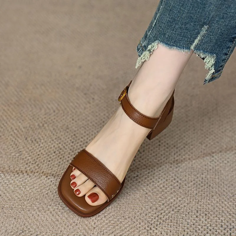 Breakj Breakj Thick Heel Sandals Female Summer 2024 New Foreign Style Open Toe Non-Slip Soft Bottom One Word Buckle Mom Shoes