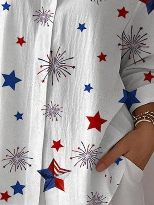 Women 3/4 Sleeve Shirt Collar National Flag Printed Graphic Button Tops