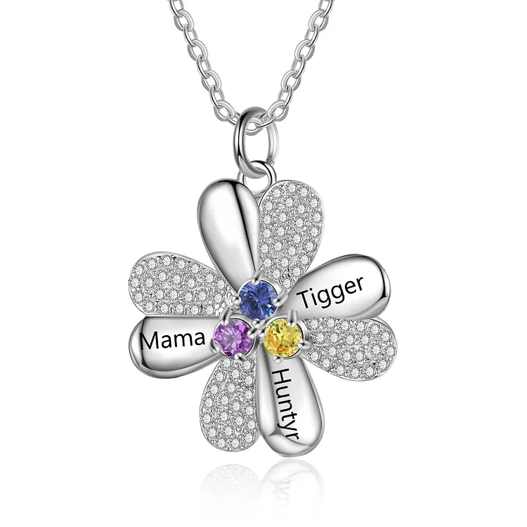 Four Leaf Clover Necklace Custom 3 Birthstones and Names for Her