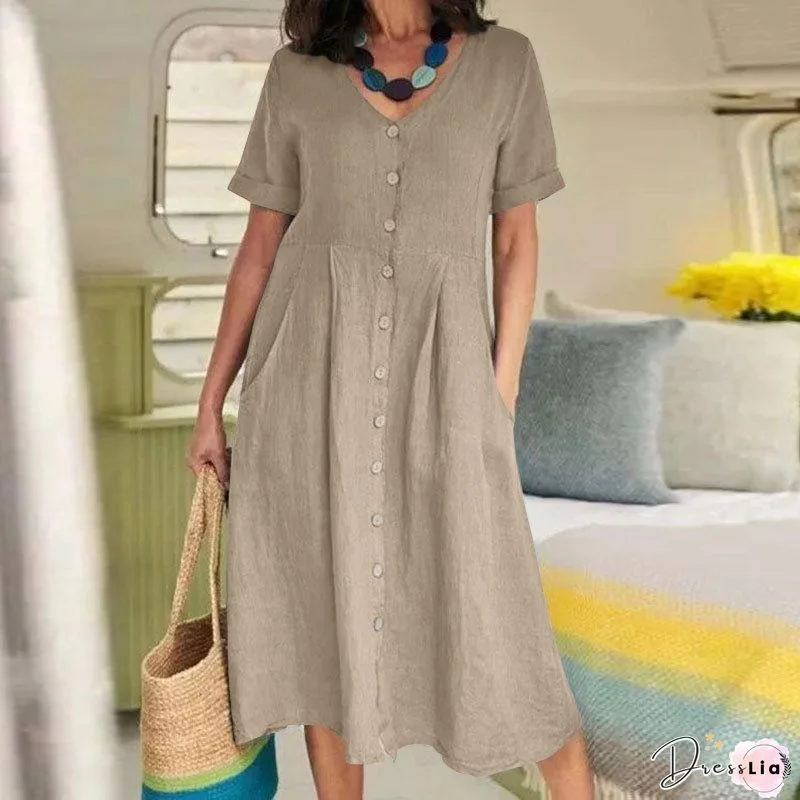 Casual Dress Cotton Linen Dress Midi Dress Cotton Blend Fashion Modern Outdoor Office Daily V Neck Button Short Sleeve Summer Spring Loose Fit khaki Plain S M L XL 2XL for Women