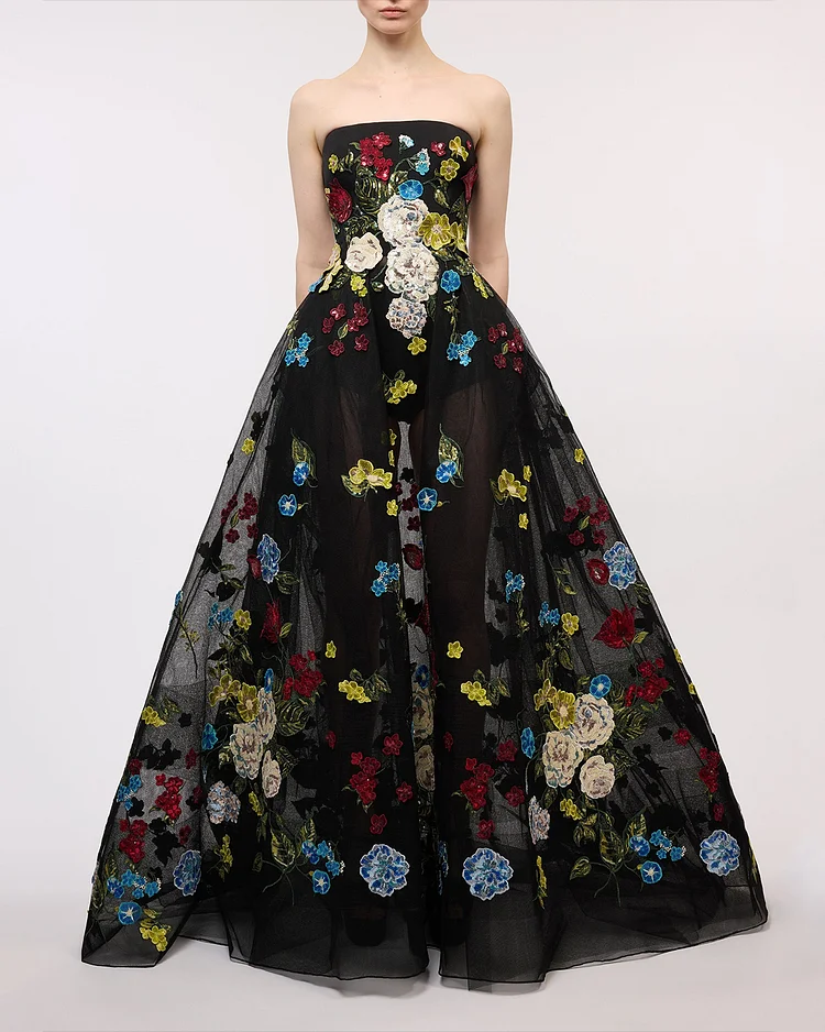 Women's Tube Top Black Embroidery Dress