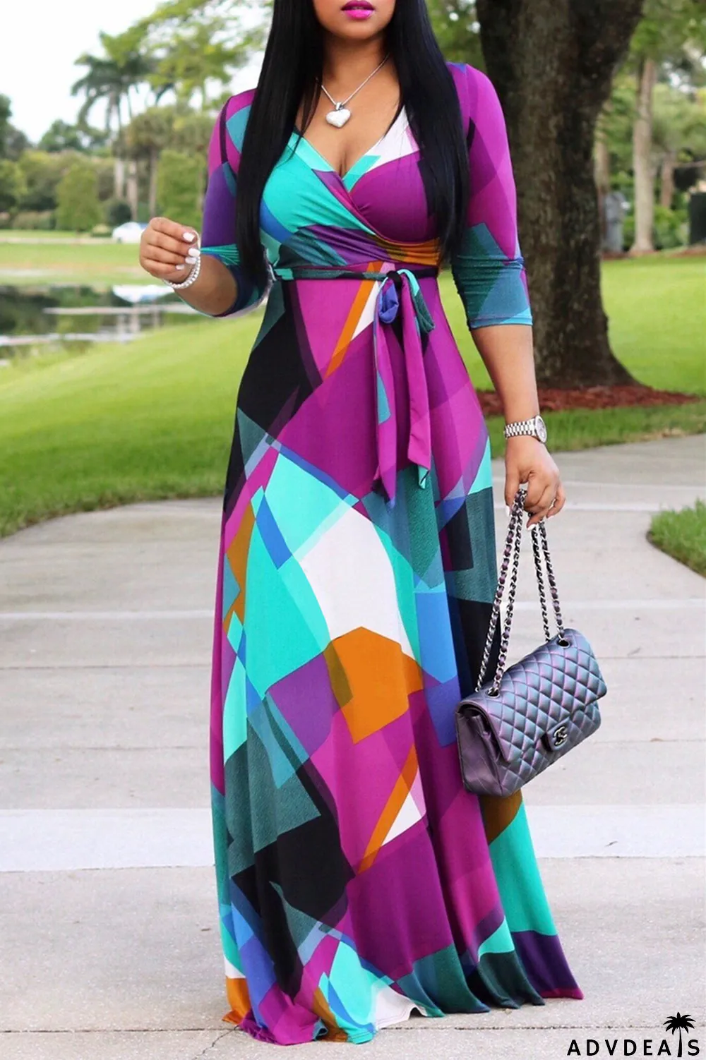 Multi-color Fashion Casual Print Bandage V Neck Long Sleeve Dresses