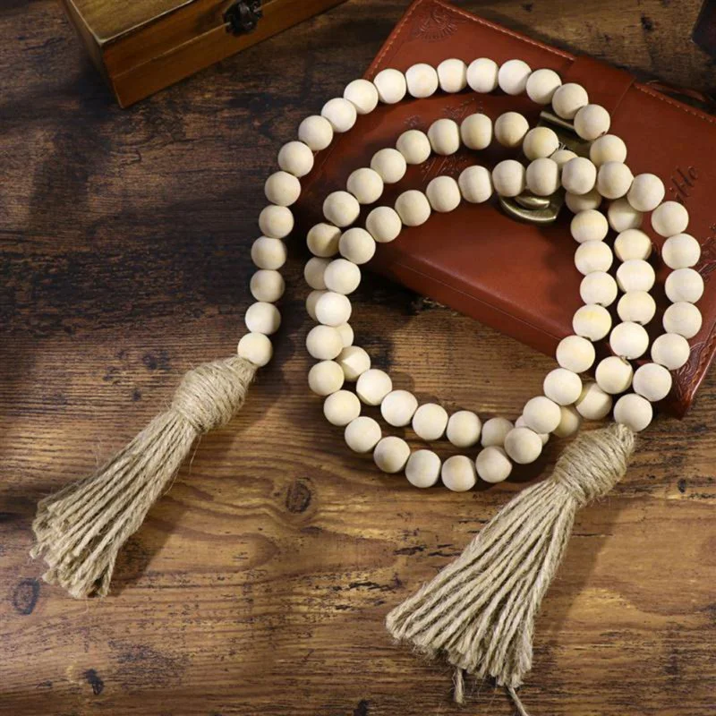 Nordic Wood Bead Garland with Tassels Farmhouse Beads Rustic Country Decor Kid Room Wall Hanging Ornament Home Decor