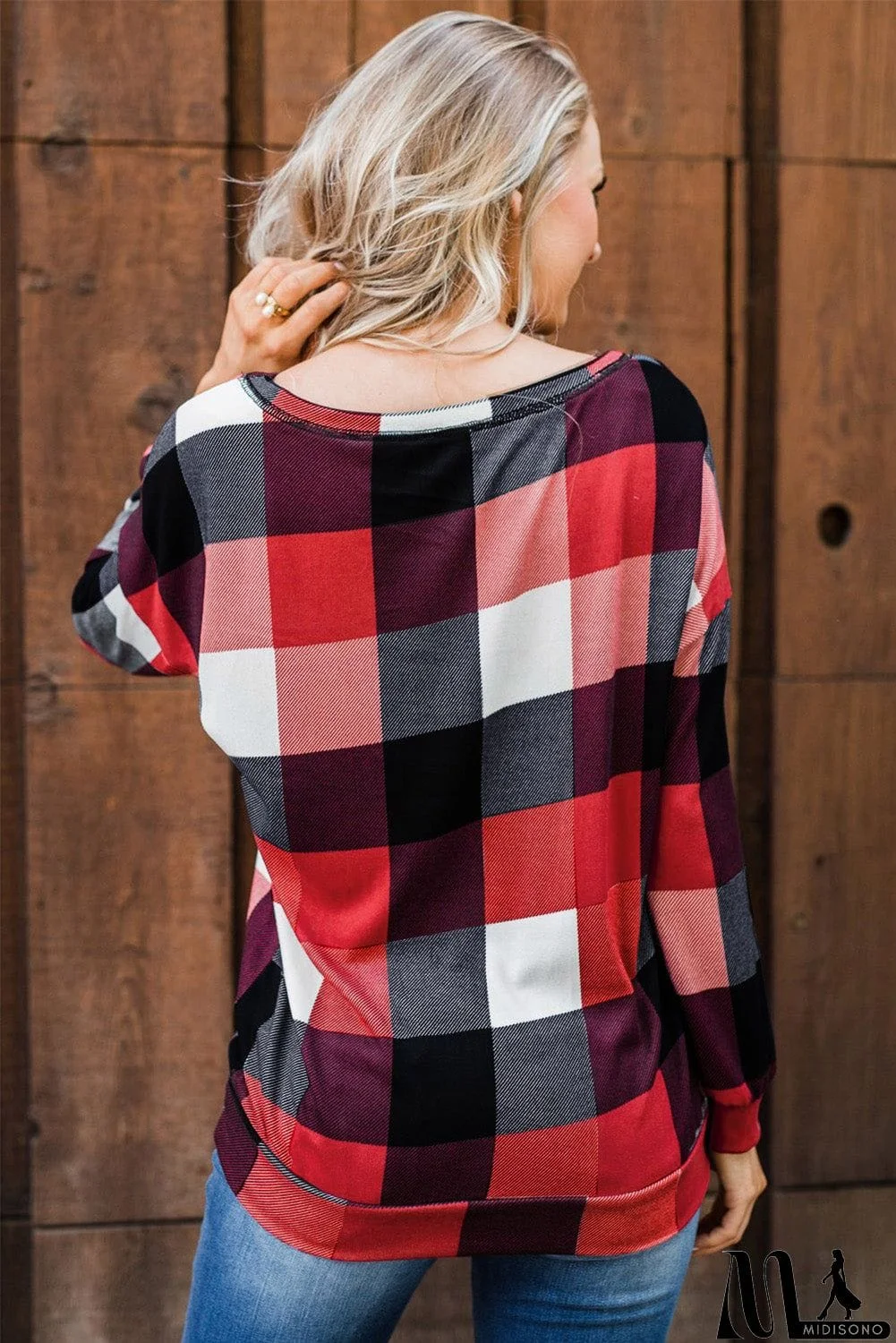 MidiSono - Round Neck Plaid Long Sleeve Pullover Top