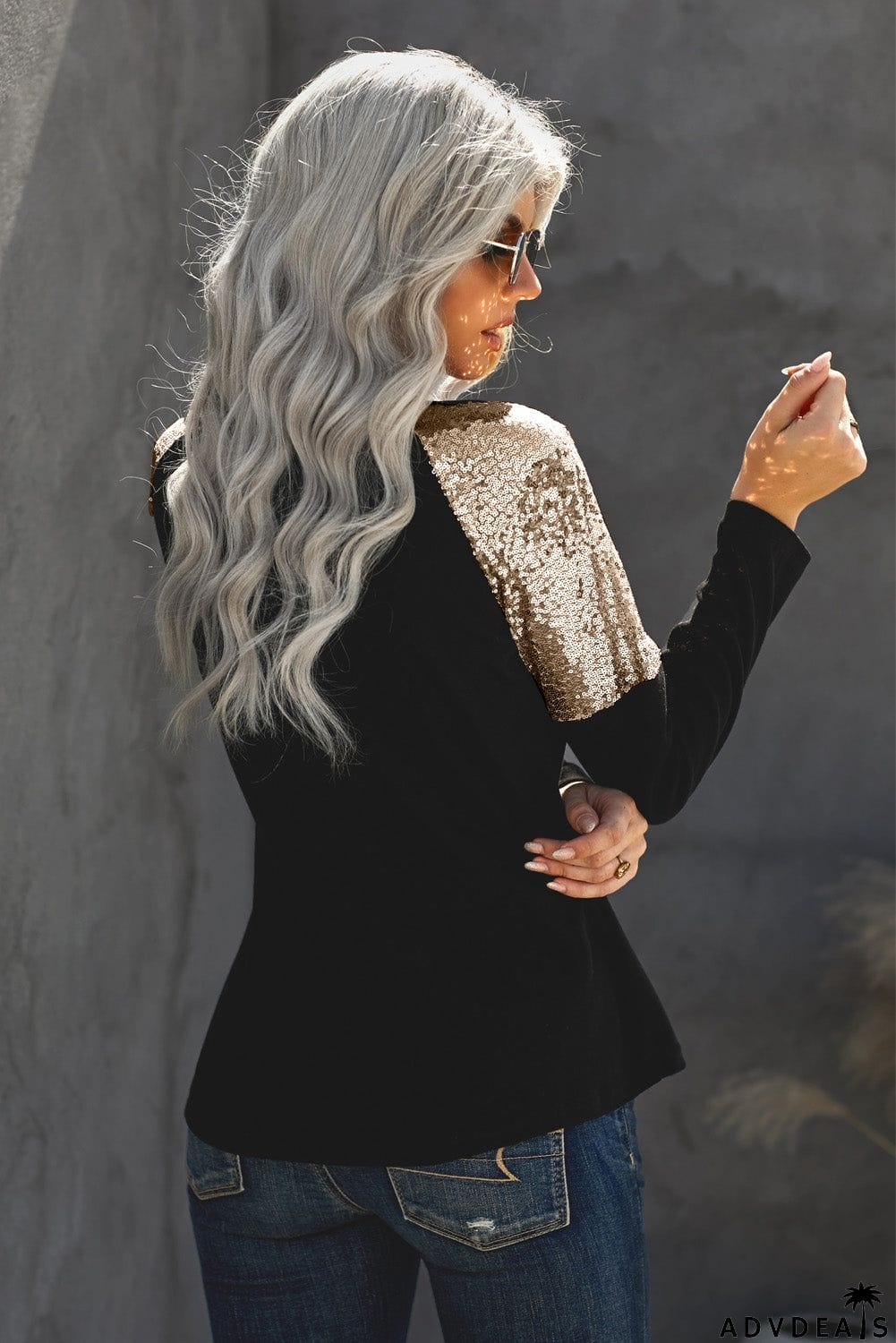 Sequin Shoulder Long Sleeve Top