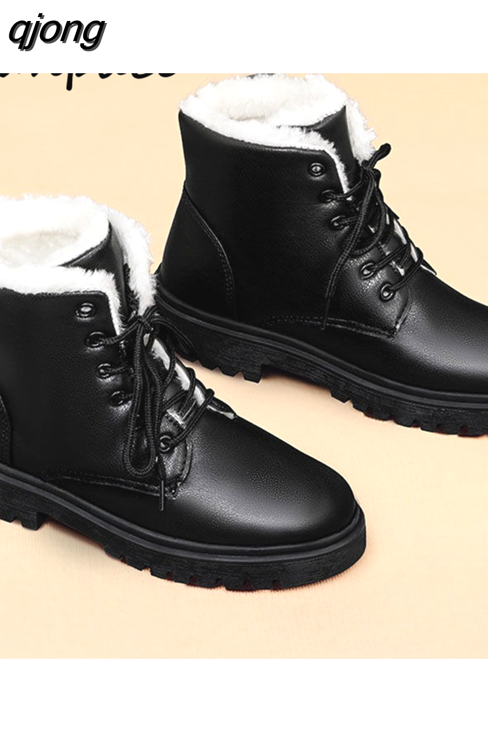 qjong New Snow Boots Plus Velvet Cotton Shoes Patent Leather Womens Platform Heels Shoes Lace-up Short Plush Warm Women&#39;s Shoes