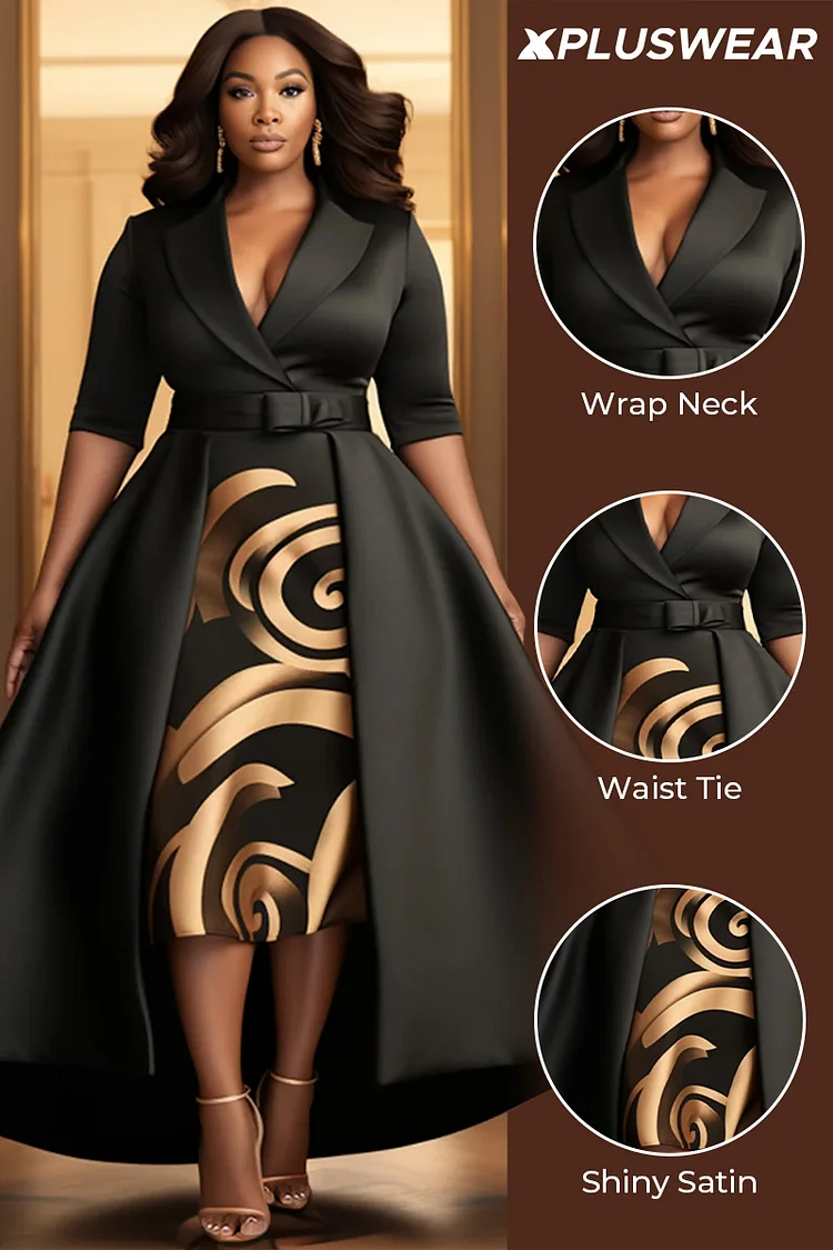 Xpluswear Design Plus Size Formal Black Wrap Neck Half Sleeve With Skirt Overlay Elegant Satin Midi Dresses [Pre-Order]