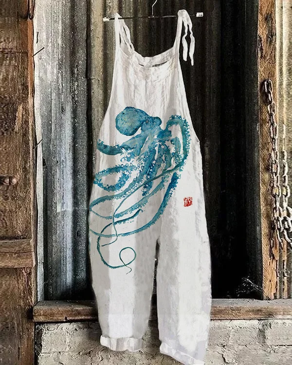 Vintage Japanese Octopus Watercolor Art Print Loose Jumpsuit