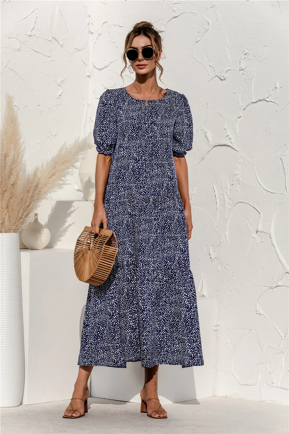 Brownm Sleeve Dot Plaid Urban Style Loose Stitching Long Dress