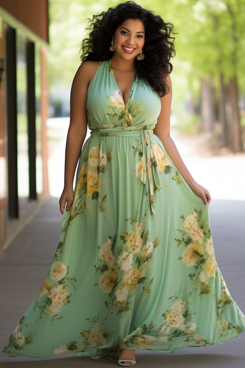 Flycurvy Plus Size Wedding Guest Sage Green Chiffon Floral Print Sleeveless Maxi Dress 2024 - Flycurvy 