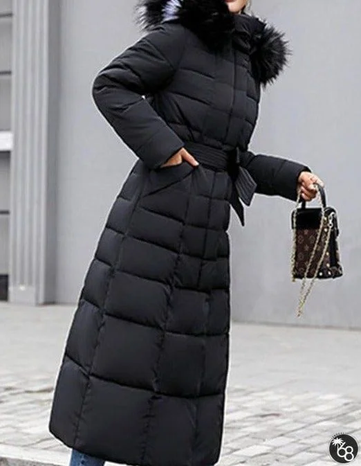 Hooded Fur Collar Belt Plain Coat | 168DEAL