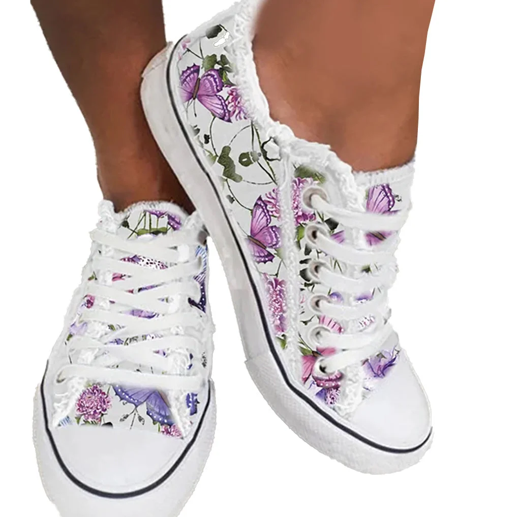 Women's Graphic Printed Shoelaces Round Toe Flat Heel Casual Shoes