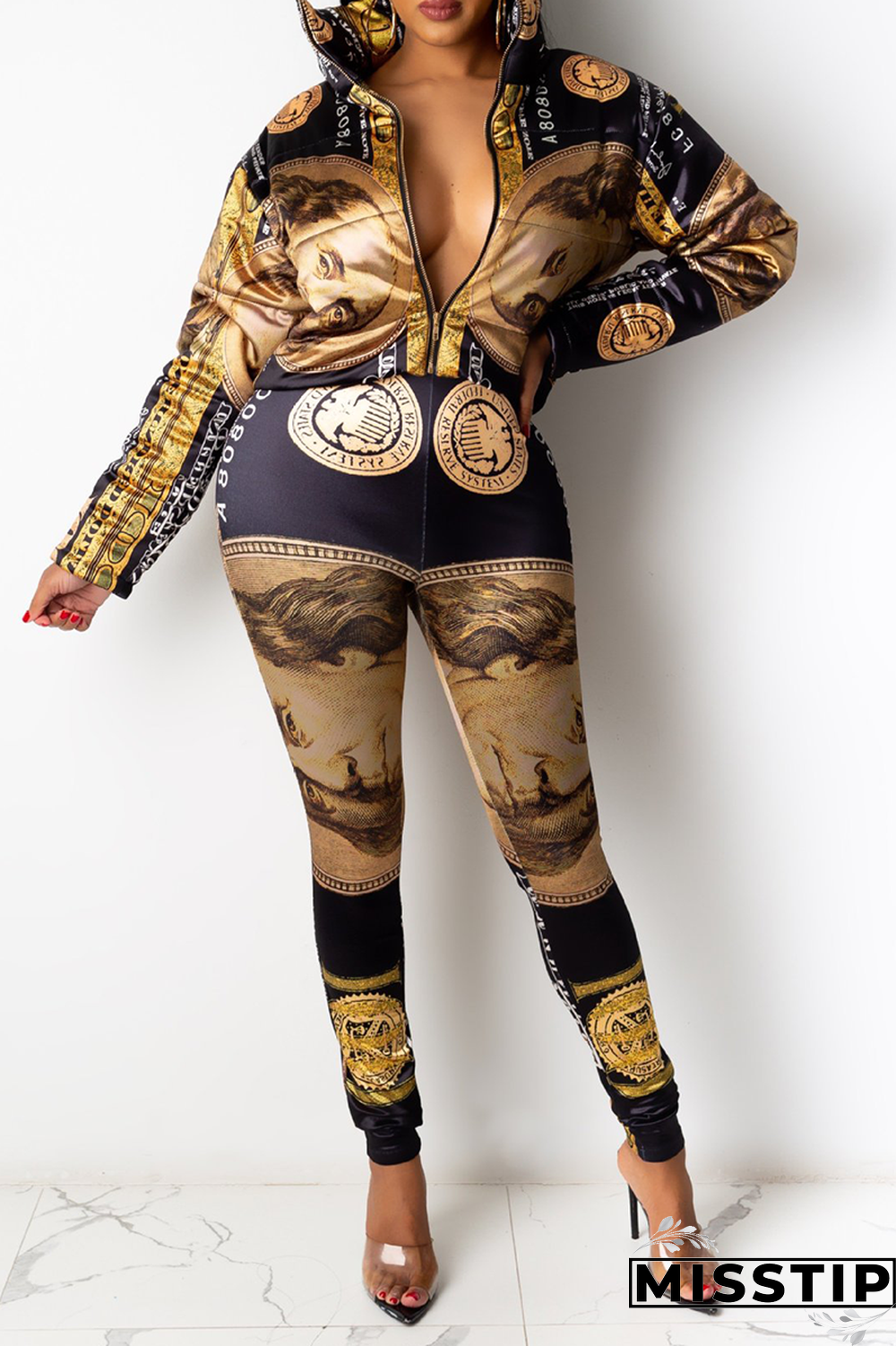 Coffee Sexy Print Patchwork Turndown Collar Long Sleeve Two Pieces
