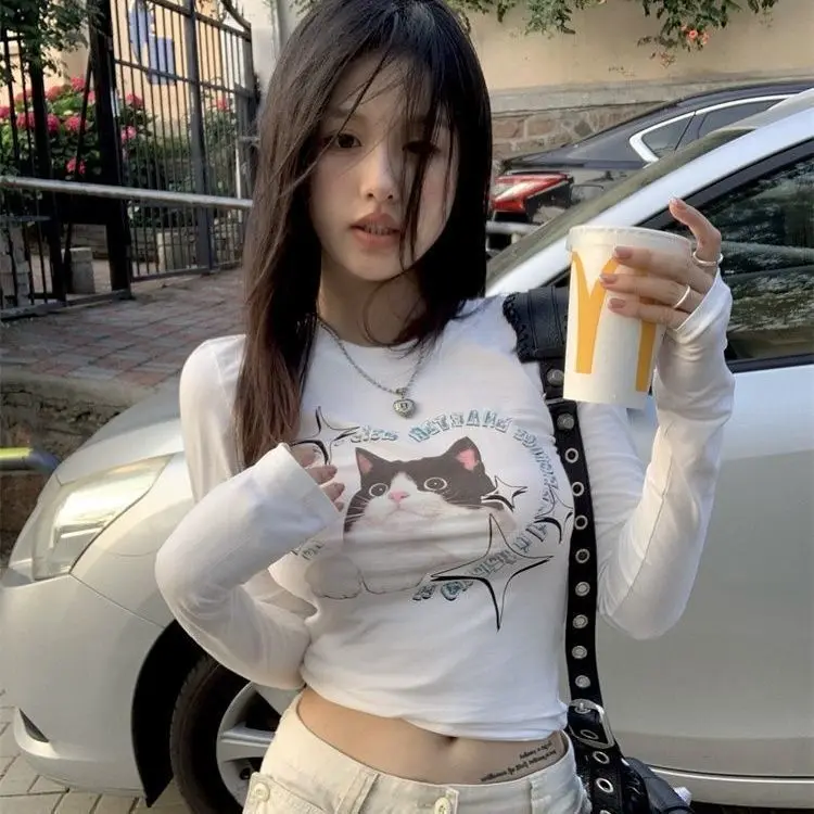 Wantexo school outfits Cat Print Long Sleeve Y2k Spring Slim Fit Hotsweet White Sweet Sexy Tshirts O Neck Skinny Tees Women Camisetas Crop Tops