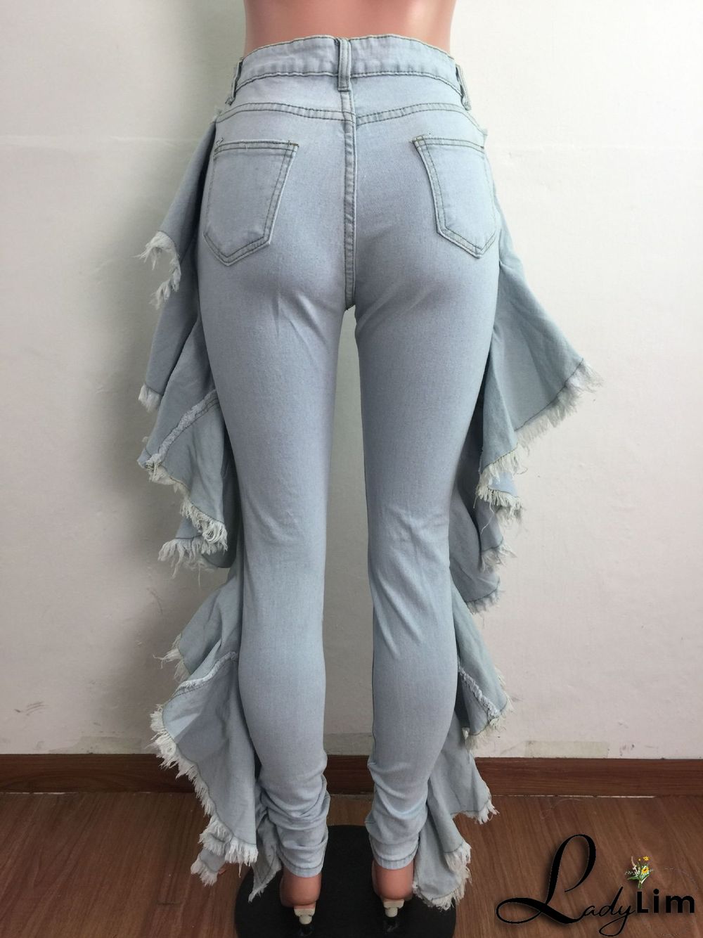 Slim-fit Sexy Stretch Jeans With Ruffled Fringe And Shredded Holes