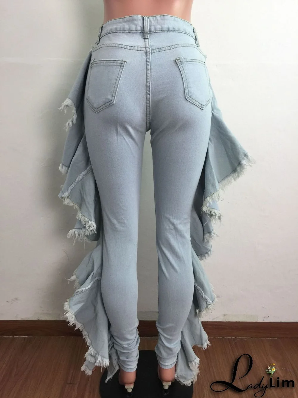 Slim-fit Sexy Stretch Jeans With Ruffled Fringe And Shredded Holes
