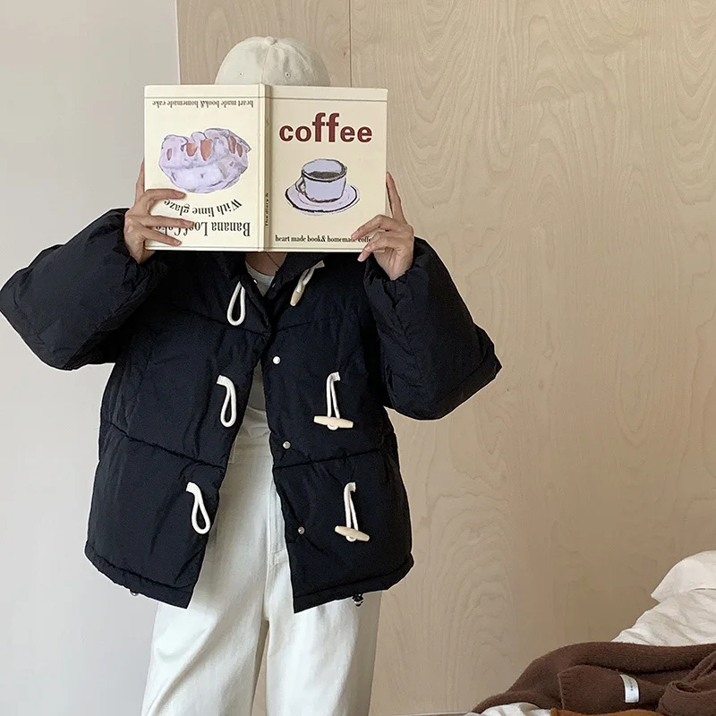 Woherb 2023 New Winter Down Cotton Jacket Women's Short Jacket Small Korean Horn Button Milk Fufu Cotton-Padded Jacket-Outfit Ideas