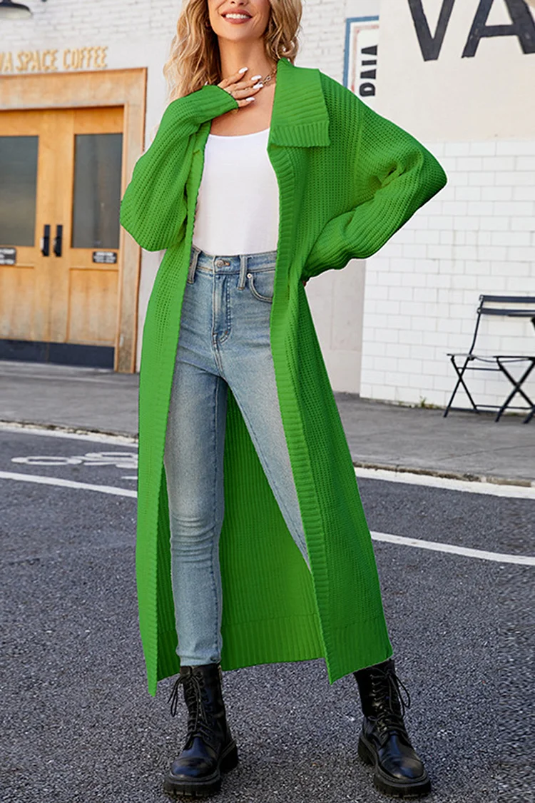 Plus Size Casual Sweater Coat Lapel Collar Long Sleeve Knitted Ankle Length Sweater Coat