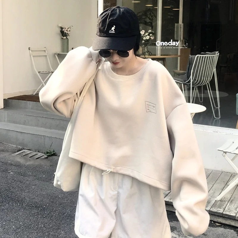 Women Hoodies All-match Trendy Korean Style Ulzzang Crop Top Female Womens Sweatshirts Oversize Pullovers Harajuku Streetwear