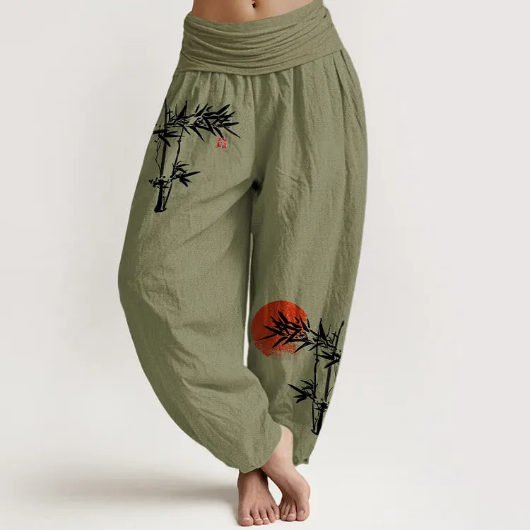 Bamboo Leaves Red Sun Pattern Women's Elastic Waist Harem Pure Cotton Pants
