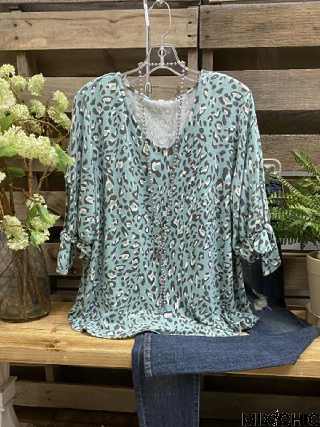 Blue V Neck Long Sleeve Printed Tops