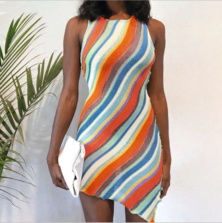 Sampic Chic Summer O Neck Knitted Cotton Tank Dresses Women Party Club Sleeveless Mini Wrap Bodycon Striped Fashion Dress 2021