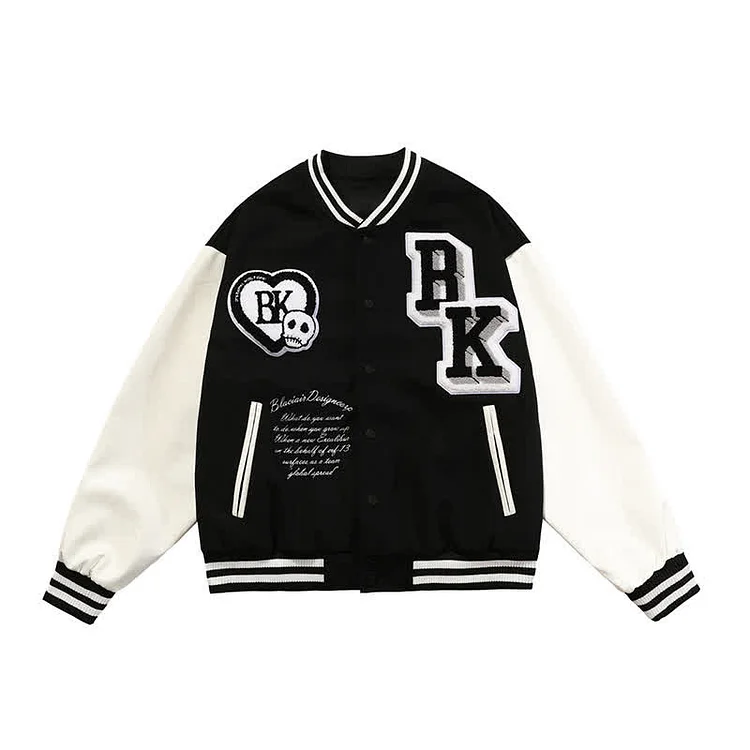 Skeleton Love Heart Letter Embroidery Colorblock Baseball Jacket - Modakawa Modakawa