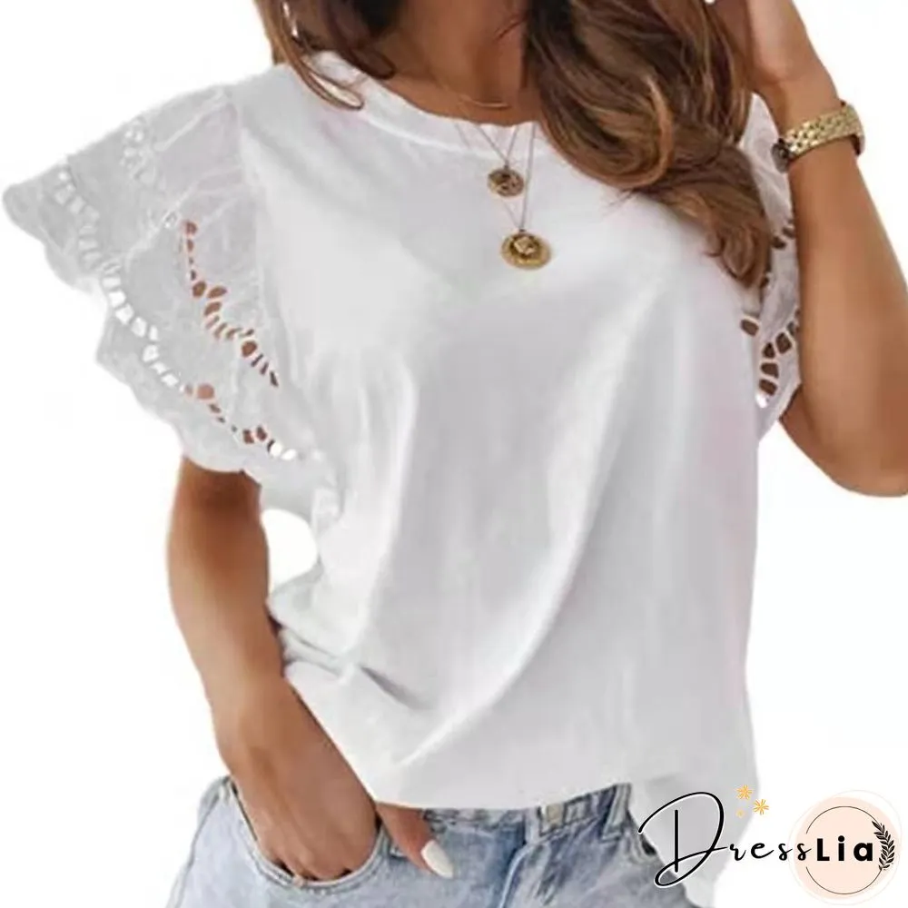 New Spring Summer T-Shirt Womens Round-neck Stitching Lace Feifei Short Sleeve Top Shirts