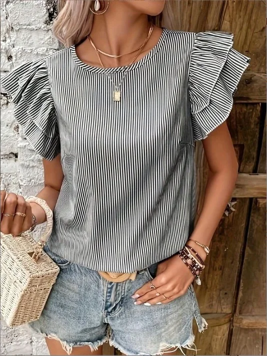 Summer new round neck casual lotus leaf sleeve striped shirt ladies tops