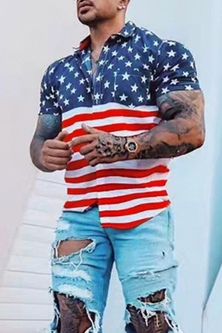 Tiboyz Independence Day Pattern Casual Short Sleeve Shirt