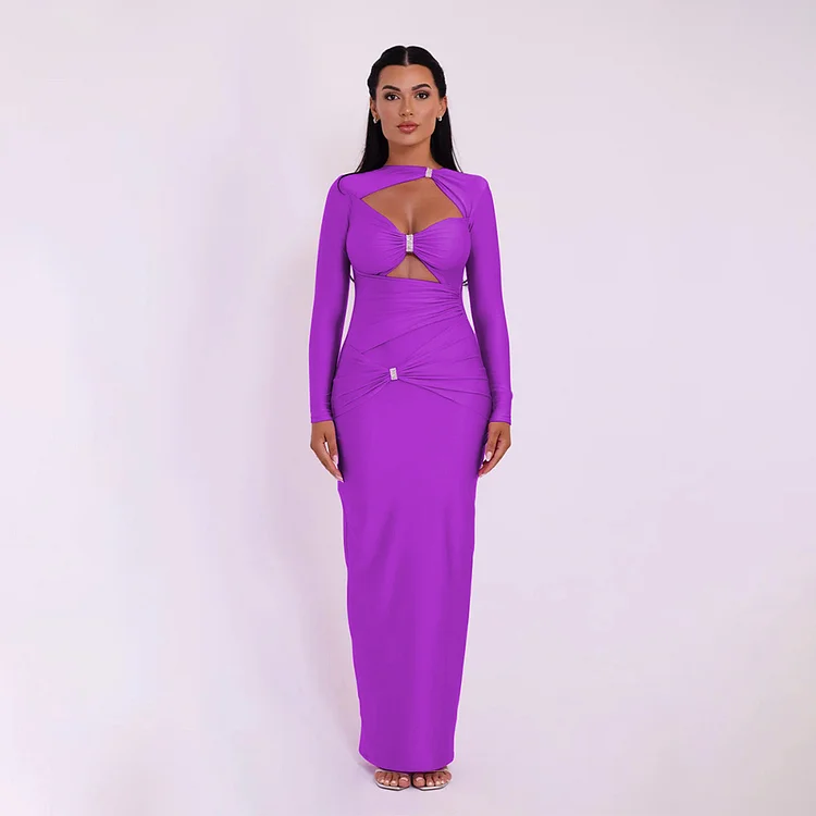 Slim-fit Hollow-out Solid Color Dress