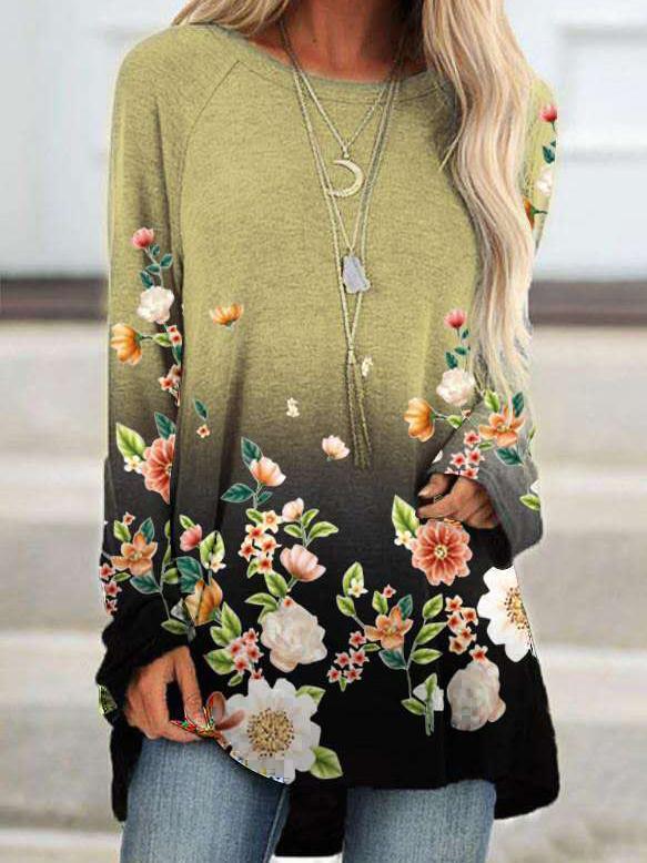 Women Long Sleeve V-neck Graphic Floral Printed Top