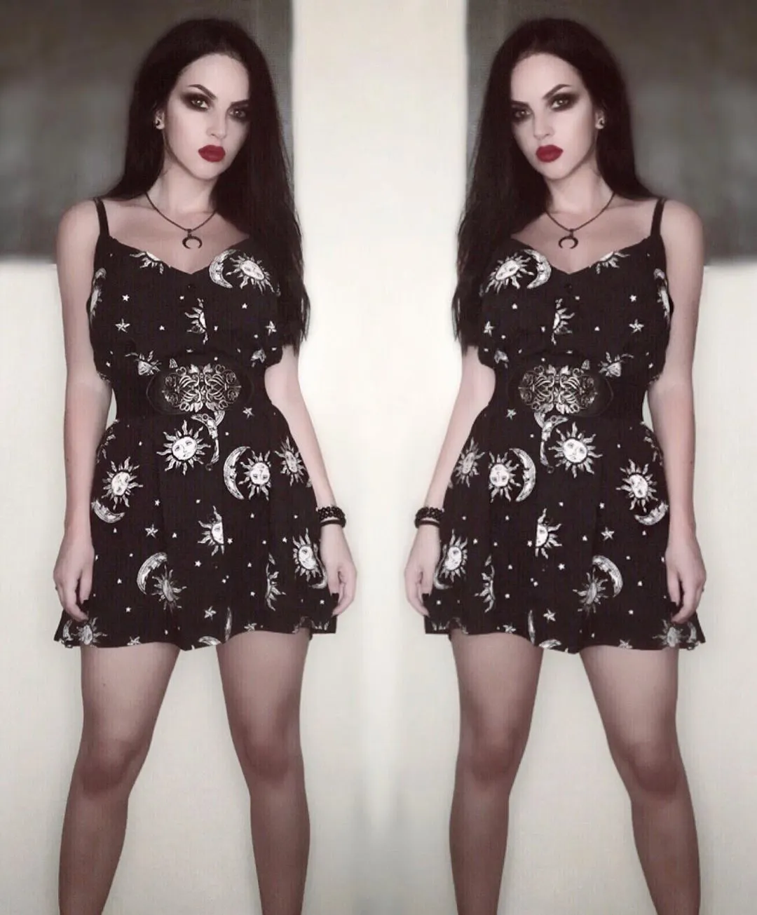 InsGoth Women Black Mini Dress Gothic Punk Sun Moon Printed Elegent Casual Loose Spaghetti Straps Aesic Vintage Female Dress